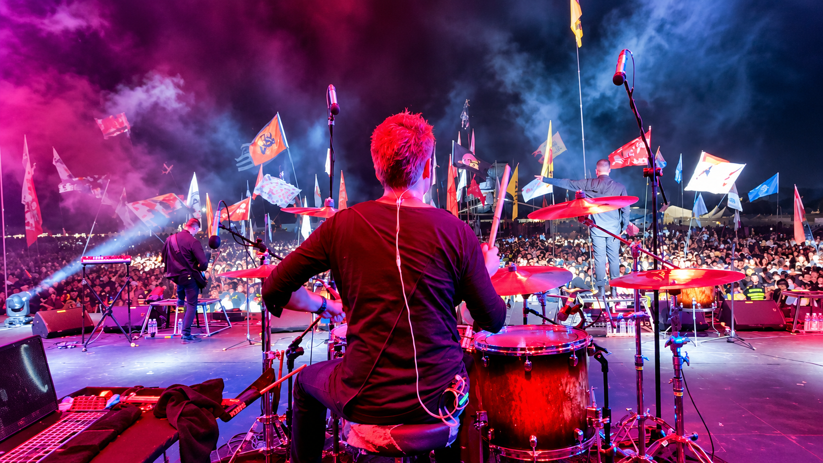 Dominic am Schlagzeug, von hinten vor einem großen Festivalpublikum
