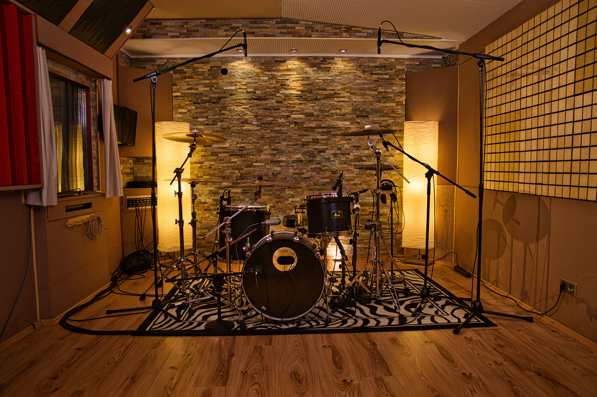 Drum kit set up in the recording room