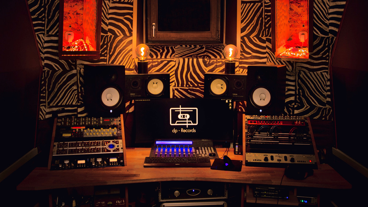 The DP Records control room with monitors and mixing desk